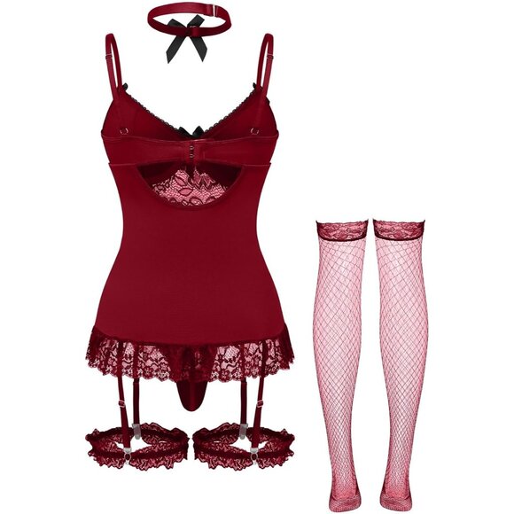 Sexy Floral Lace Garter Belt Babydoll Corset Push Up Burgundy Red Lingerie Set - Picture 6 of 6